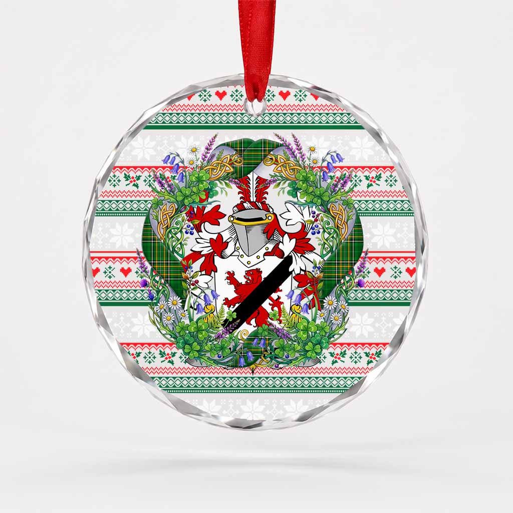 Hyland Irish Tartan Crest Christmas Glass Circle Ornament Shamrock Flowers Wreath