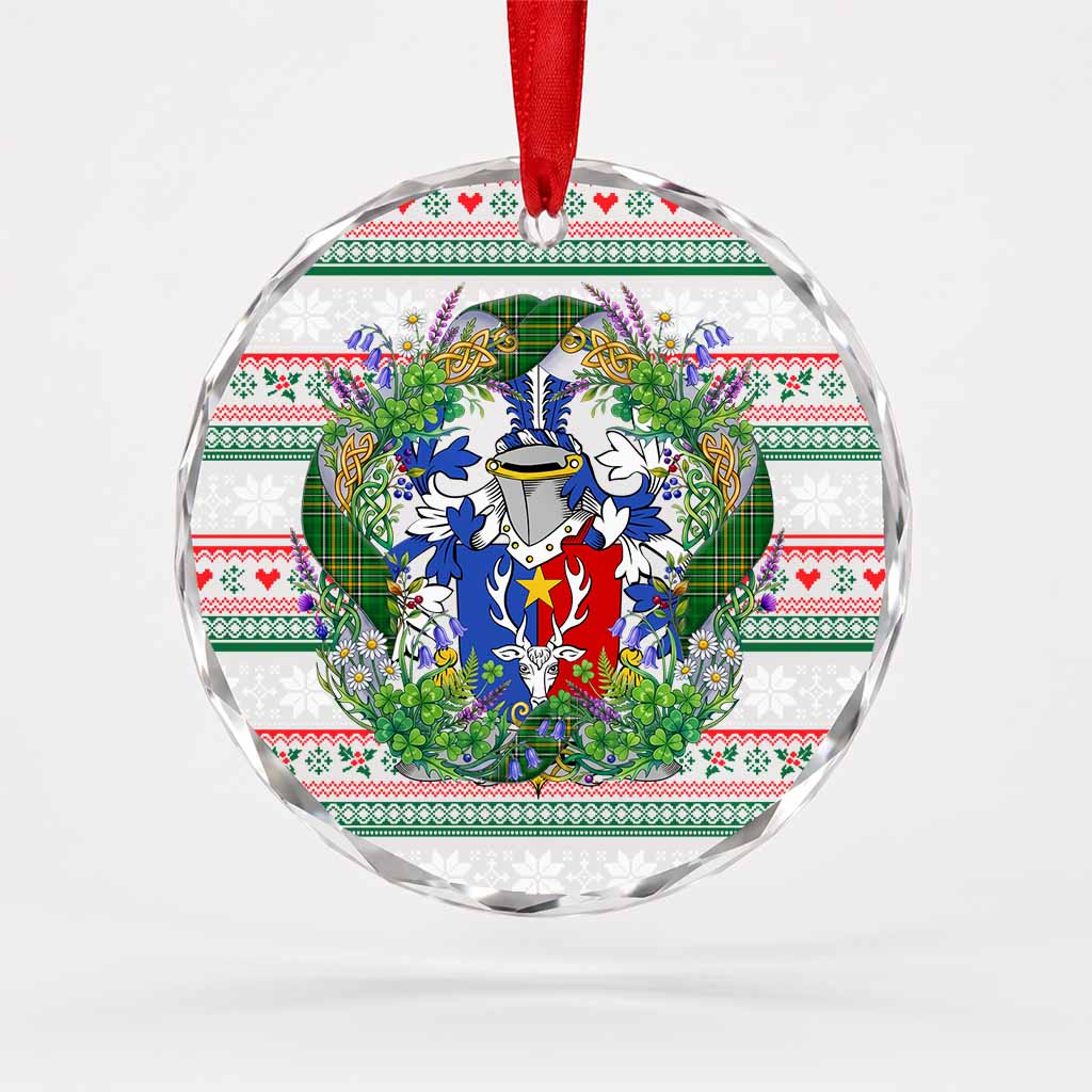 Legg Irish Tartan Crest Christmas Glass Circle Ornament Shamrock Flowers Wreath