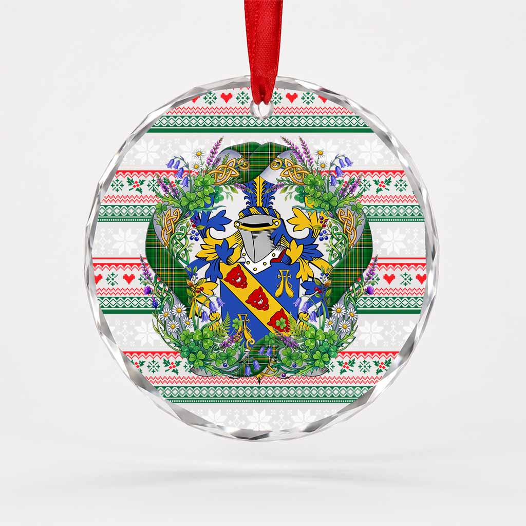 Hunt Irish Tartan Crest Christmas Glass Circle Ornament Shamrock Flowers Wreath