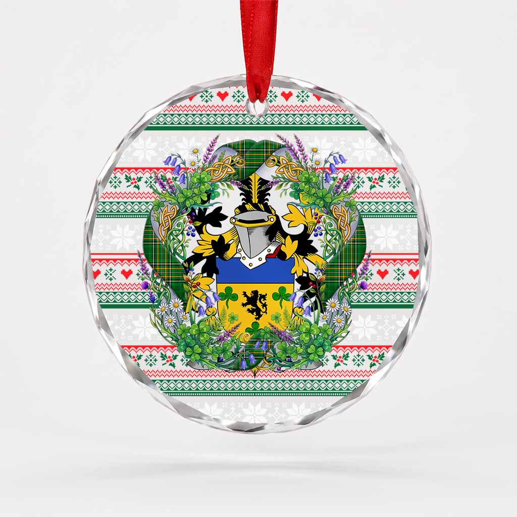 Lincolne Irish Tartan Crest Christmas Glass Circle Ornament Shamrock Flowers Wreath