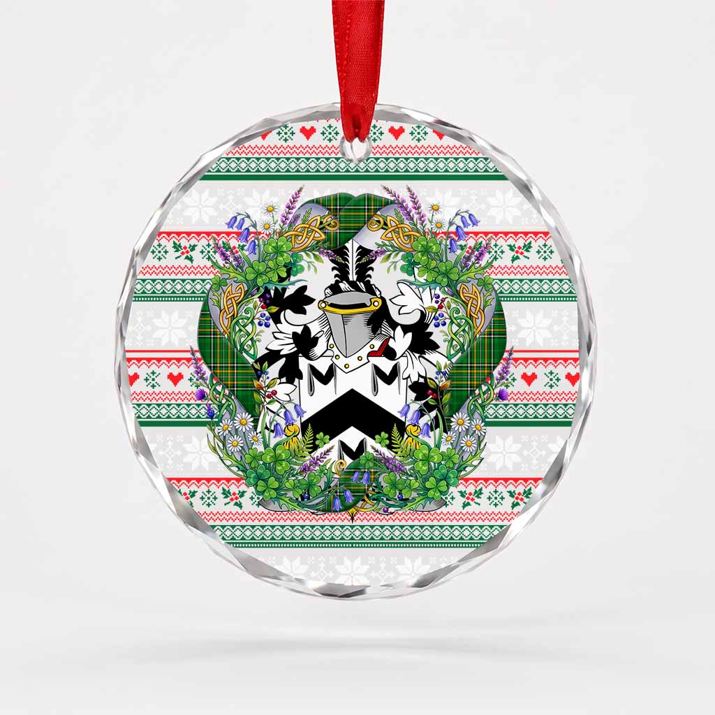 Maunsell Irish Tartan Crest Christmas Glass Circle Ornament Shamrock Flowers Wreath