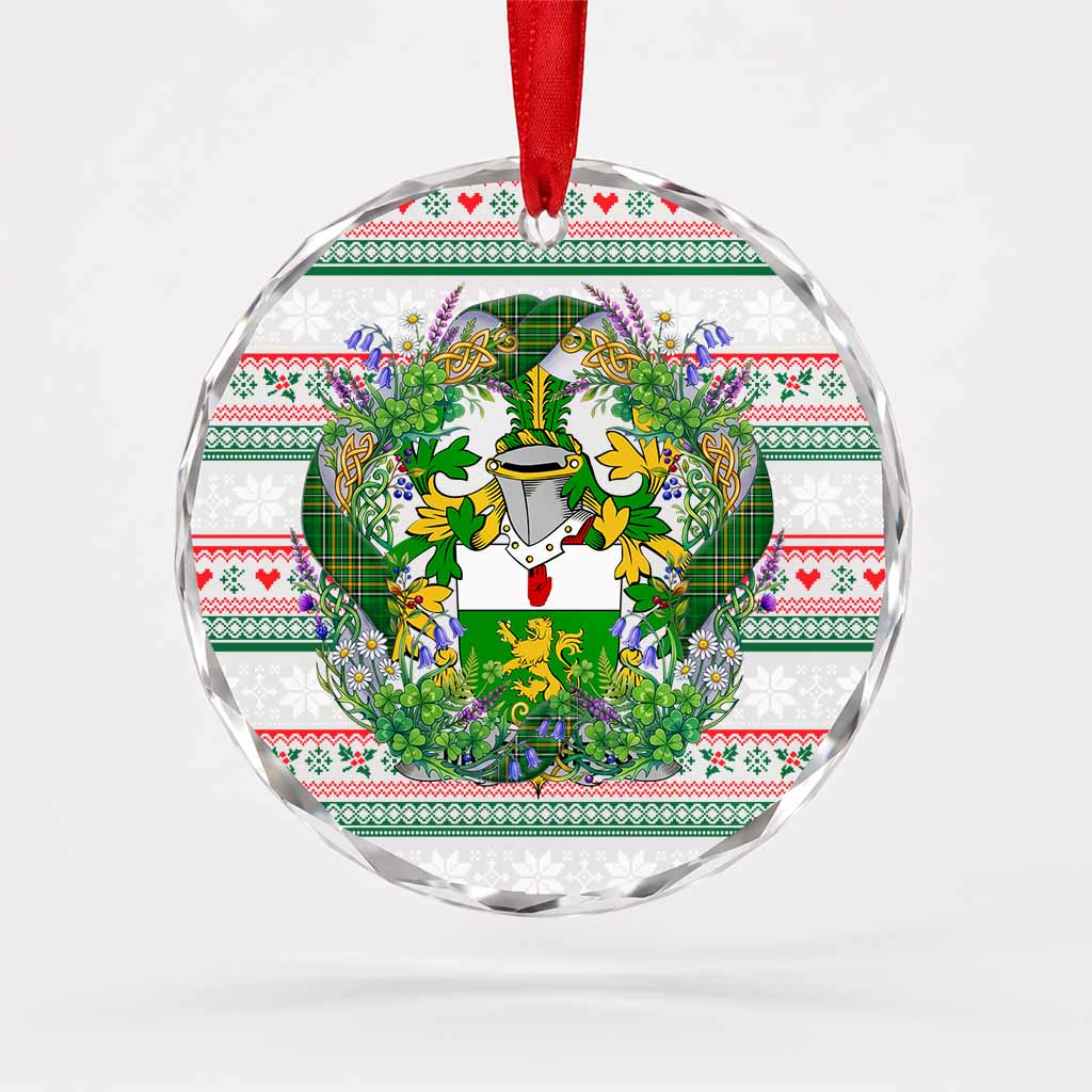 McGuiness Irish Tartan Crest Christmas Glass Circle Ornament Shamrock Flowers Wreath