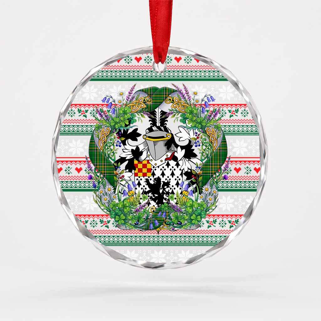 Jeffreys Irish Tartan Crest Christmas Glass Circle Ornament Shamrock Flowers Wreath