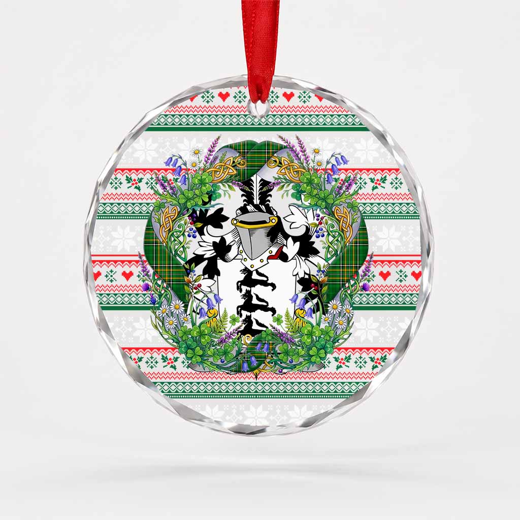 Lovett Irish Tartan Crest Christmas Glass Circle Ornament Shamrock Flowers Wreath