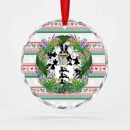 Lovett Irish Tartan Crest Christmas Glass Circle Ornament Shamrock Flowers Wreath