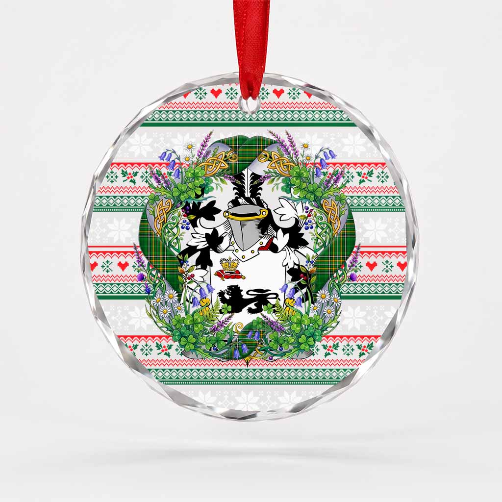 Kennelly Irish Tartan Crest Christmas Glass Circle Ornament Shamrock Flowers Wreath