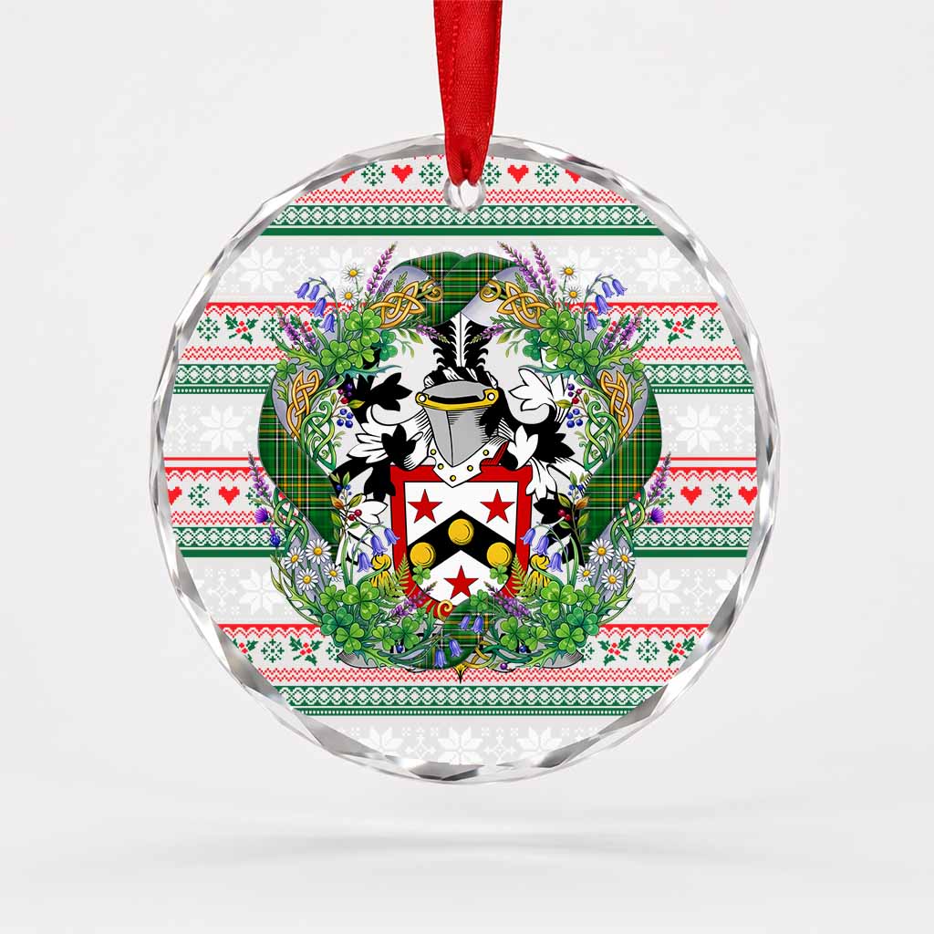 McMillan Irish Tartan Crest Christmas Glass Circle Ornament Shamrock Flowers Wreath