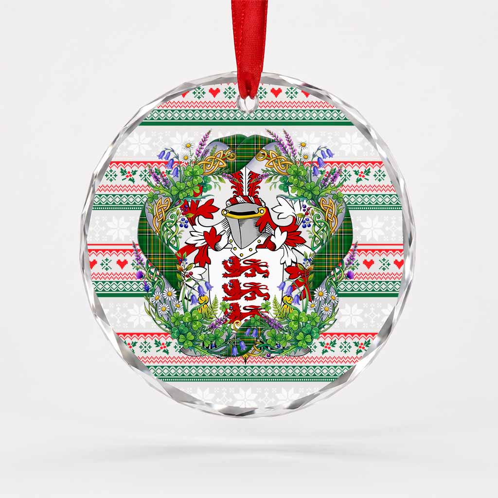 McInerney Irish Tartan Crest Christmas Glass Circle Ornament Shamrock Flowers Wreath