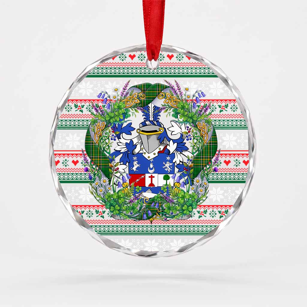Keane Irish Tartan Crest Christmas Glass Circle Ornament Shamrock Flowers Wreath