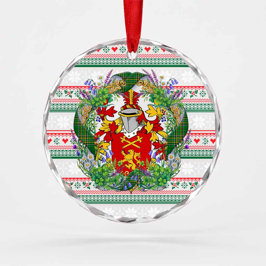 Leahy Irish Tartan Crest Christmas Glass Circle Ornament Shamrock Flowers Wreath