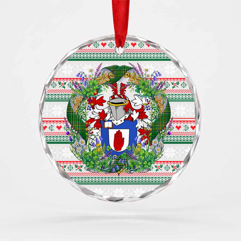 Mulrony Irish Tartan Crest Christmas Glass Circle Ornament Shamrock Flowers Wreath
