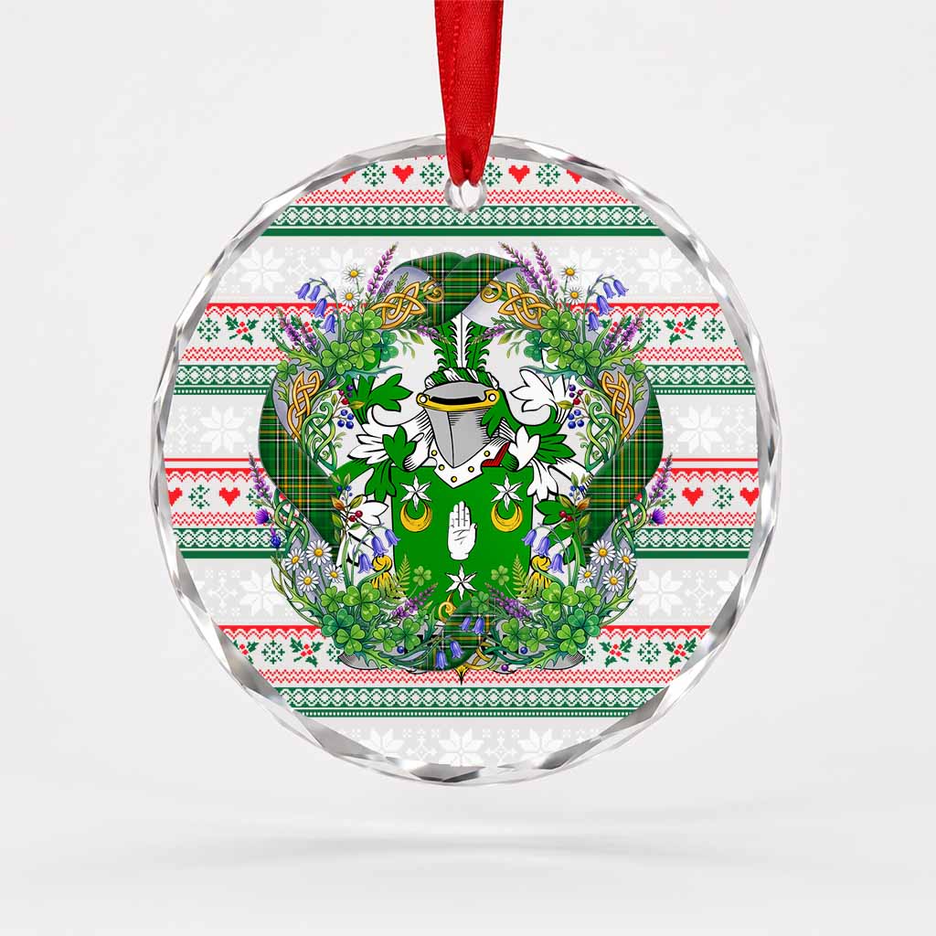 Meldon Irish Tartan Crest Christmas Glass Circle Ornament Shamrock Flowers Wreath