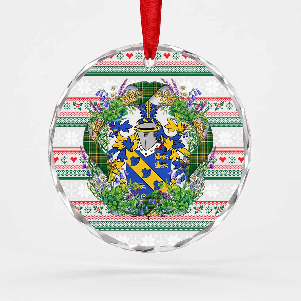 James Irish Tartan Crest Christmas Glass Circle Ornament Shamrock Flowers Wreath