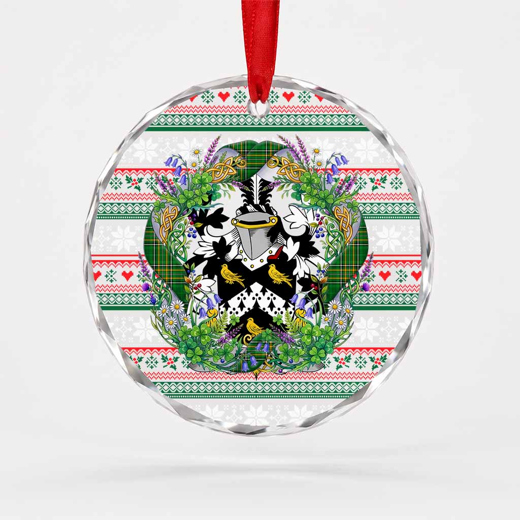 Jervis Irish Tartan Crest Christmas Glass Circle Ornament Shamrock Flowers Wreath