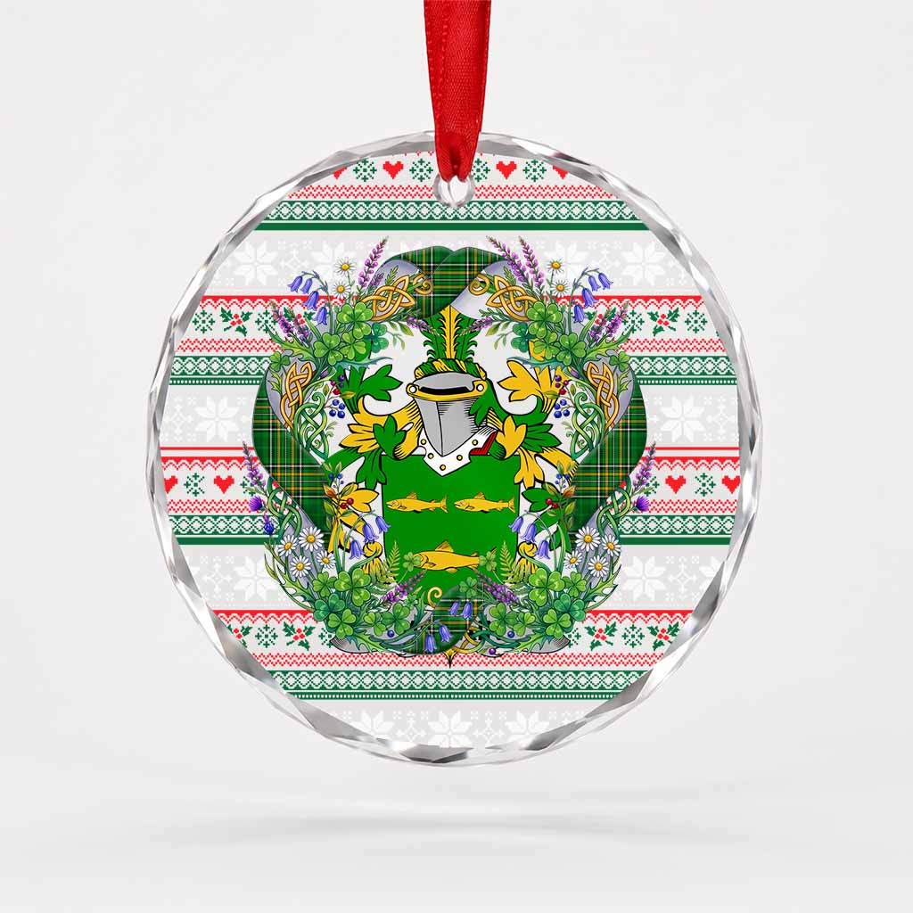 McCain Irish Tartan Crest Christmas Glass Circle Ornament Shamrock Flowers Wreath