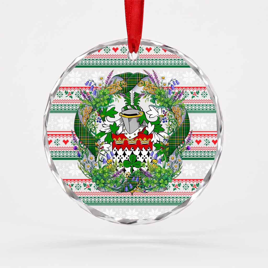 Leech Irish Tartan Crest Christmas Glass Circle Ornament Shamrock Flowers Wreath