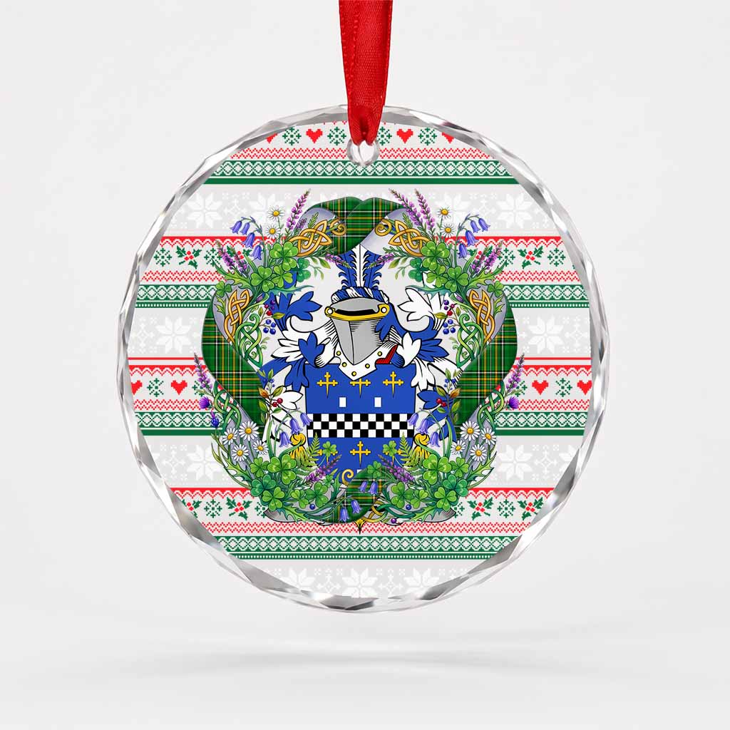 Lees Irish Tartan Crest Christmas Glass Circle Ornament Shamrock Flowers Wreath