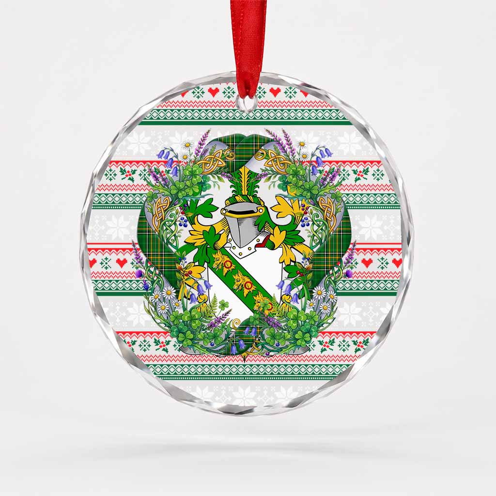 Low Irish Tartan Crest Christmas Glass Circle Ornament Shamrock Flowers Wreath