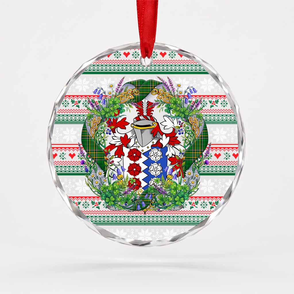 Hickman Irish Tartan Crest Christmas Glass Circle Ornament Shamrock Flowers Wreath
