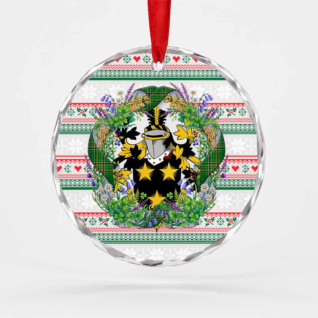 Moran Irish Tartan Crest Christmas Glass Circle Ornament Shamrock Flowers Wreath