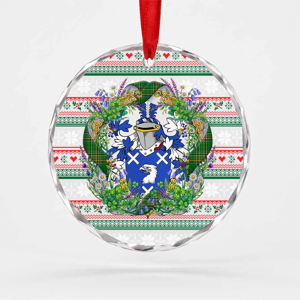 Joynt Irish Tartan Crest Christmas Glass Circle Ornament Shamrock Flowers Wreath