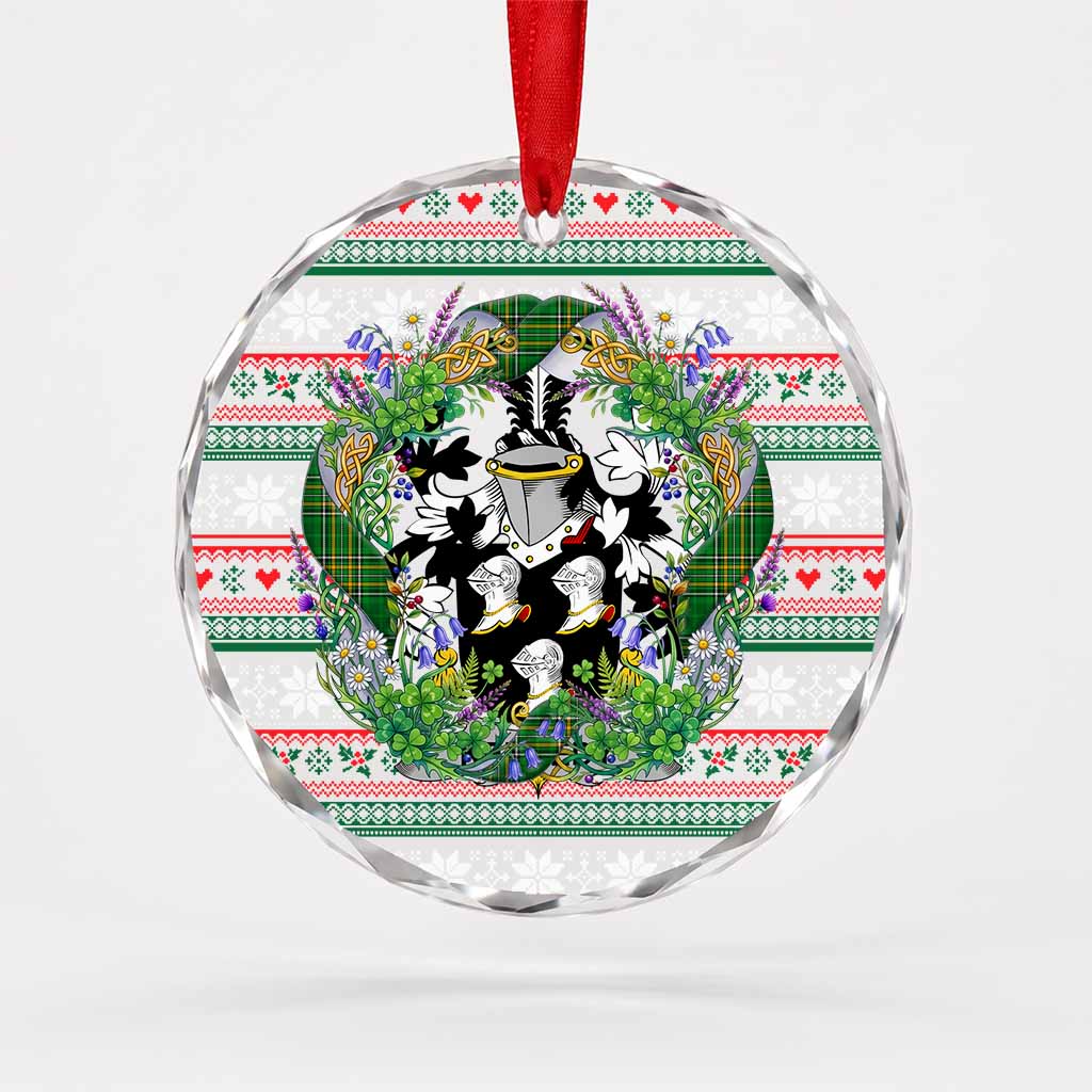 Kennedy Irish Tartan Crest Christmas Glass Circle Ornament Shamrock Flowers Wreath