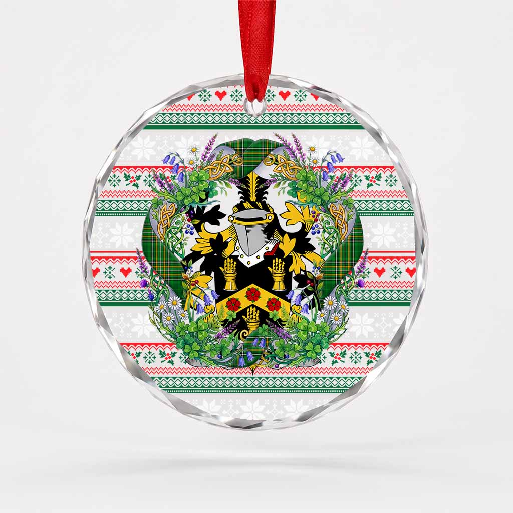 Hopkins Irish Tartan Crest Christmas Glass Circle Ornament Shamrock Flowers Wreath