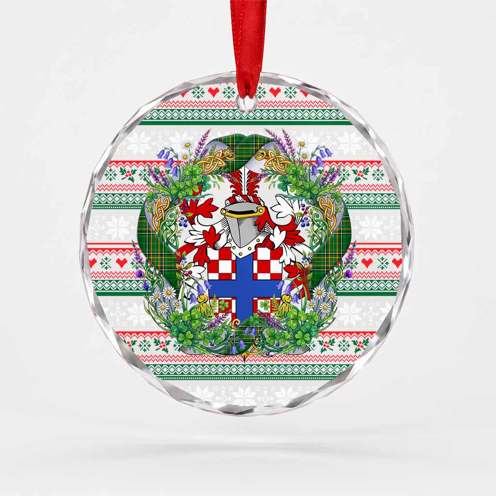 Larkin Irish Tartan Crest Christmas Glass Circle Ornament Shamrock Flowers Wreath