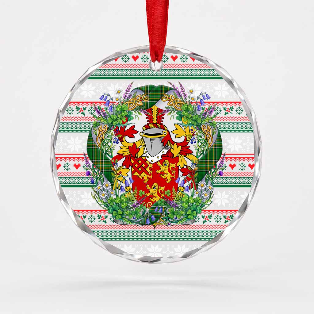 Jones Irish Tartan Crest Christmas Glass Circle Ornament Shamrock Flowers Wreath