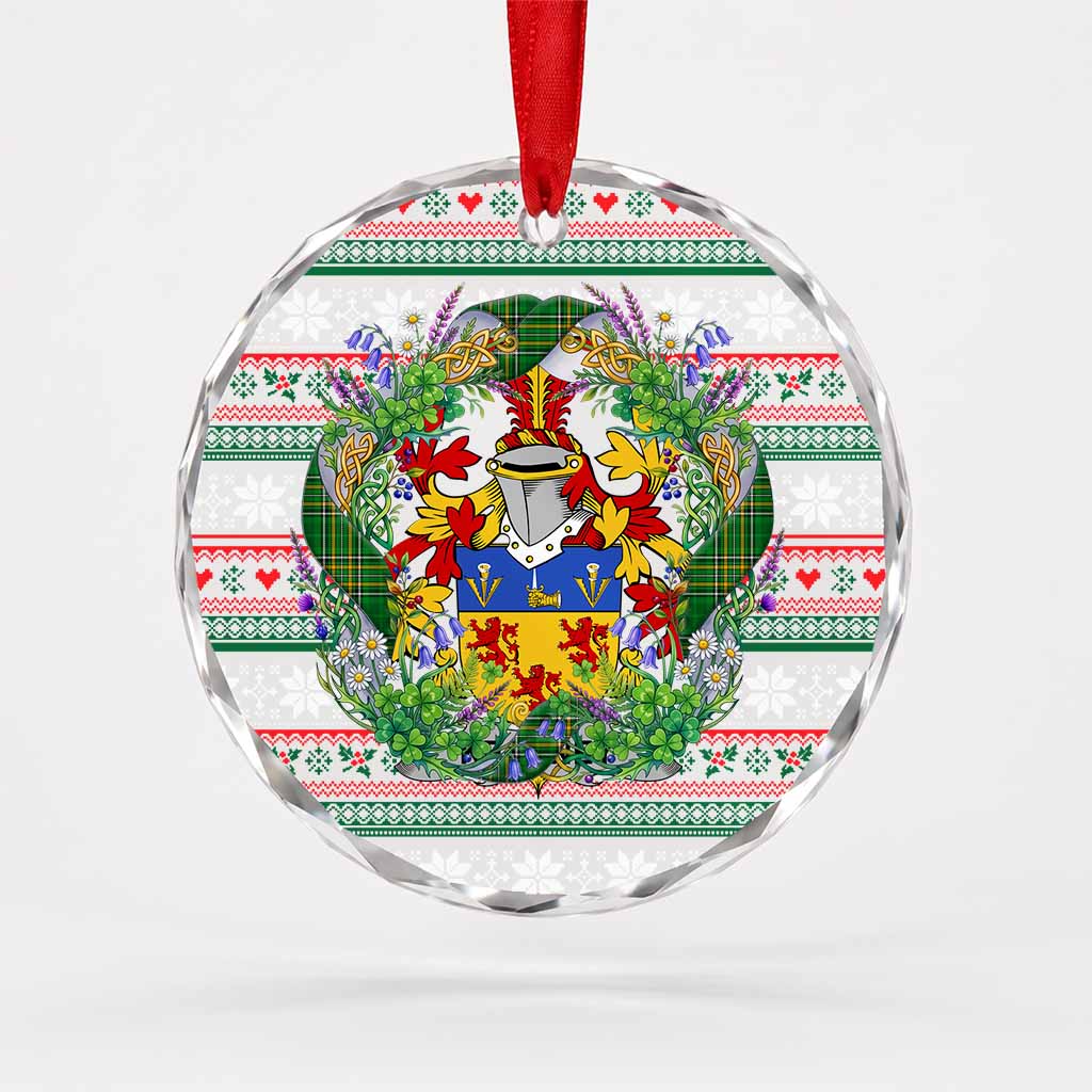 Kearney Irish Tartan Crest Christmas Glass Circle Ornament Shamrock Flowers Wreath
