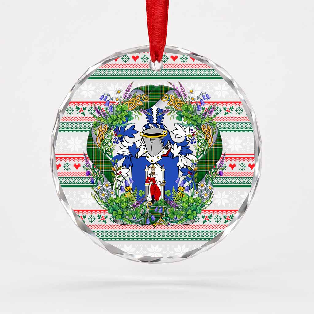 Meath Irish Tartan Crest Christmas Glass Circle Ornament Shamrock Flowers Wreath