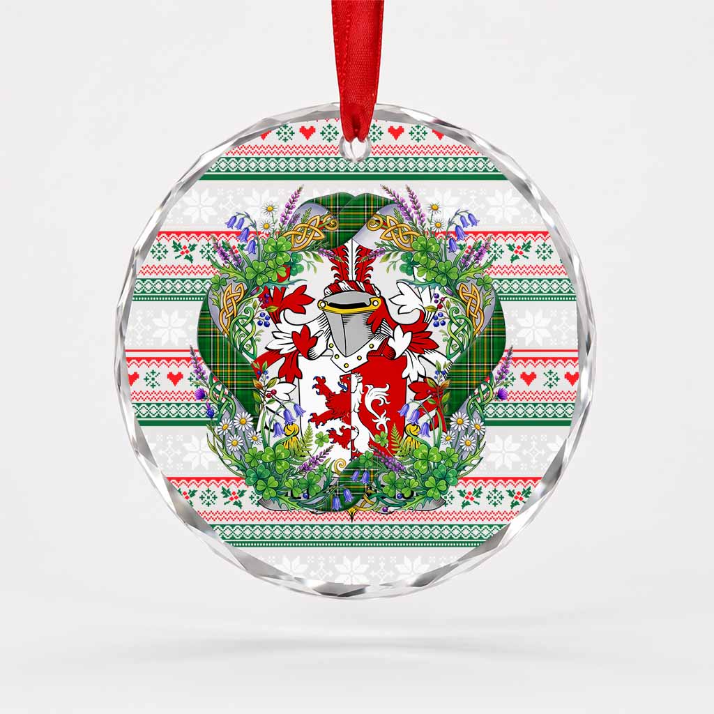 Hetherington Irish Tartan Crest Christmas Glass Circle Ornament Shamrock Flowers Wreath