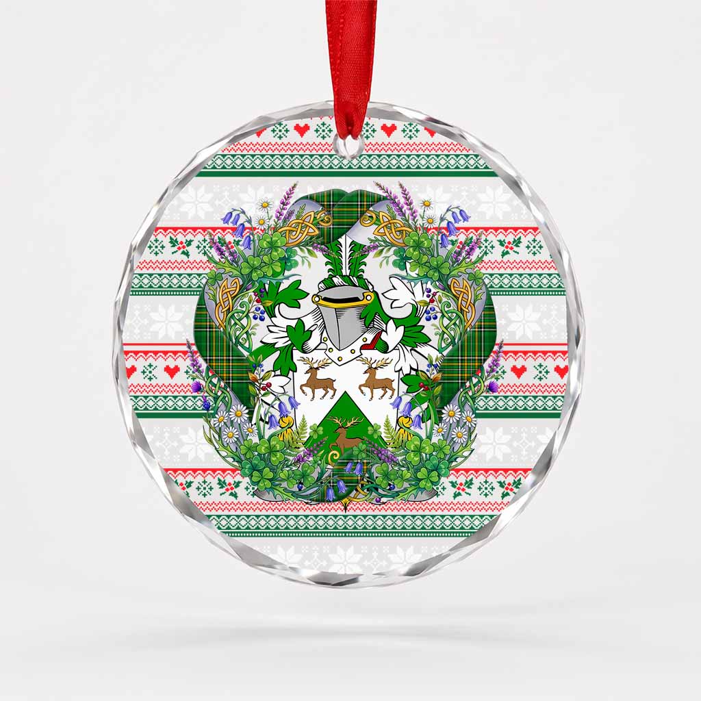 Hawkins Irish Tartan Crest Christmas Glass Circle Ornament Shamrock Flowers Wreath