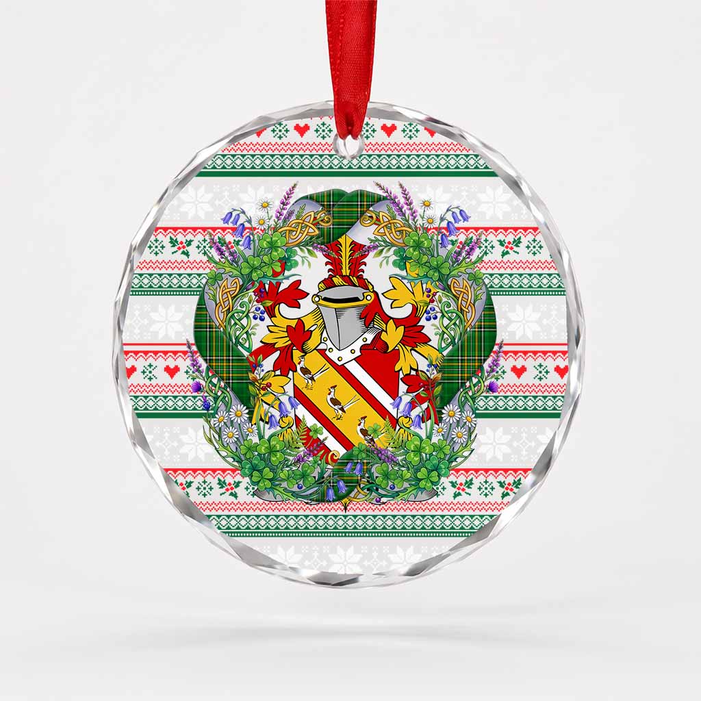 Heath Irish Tartan Crest Christmas Glass Circle Ornament Shamrock Flowers Wreath
