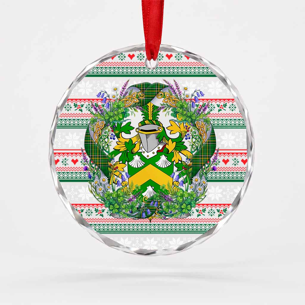 Levinge Irish Tartan Crest Christmas Glass Circle Ornament Shamrock Flowers Wreath