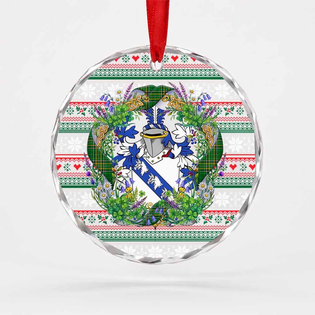 Lowe Irish Tartan Crest Christmas Glass Circle Ornament Shamrock Flowers Wreath