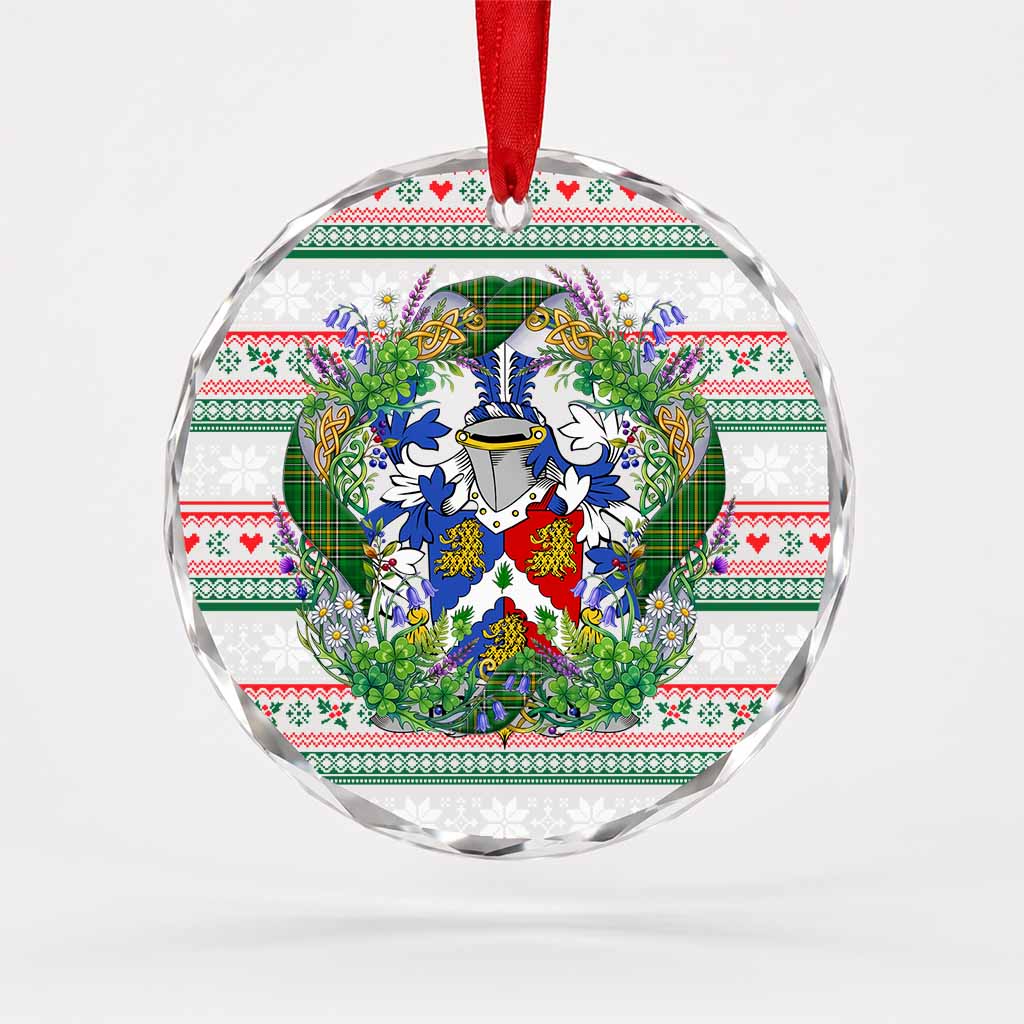 Holligan Irish Tartan Crest Christmas Glass Circle Ornament Shamrock Flowers Wreath