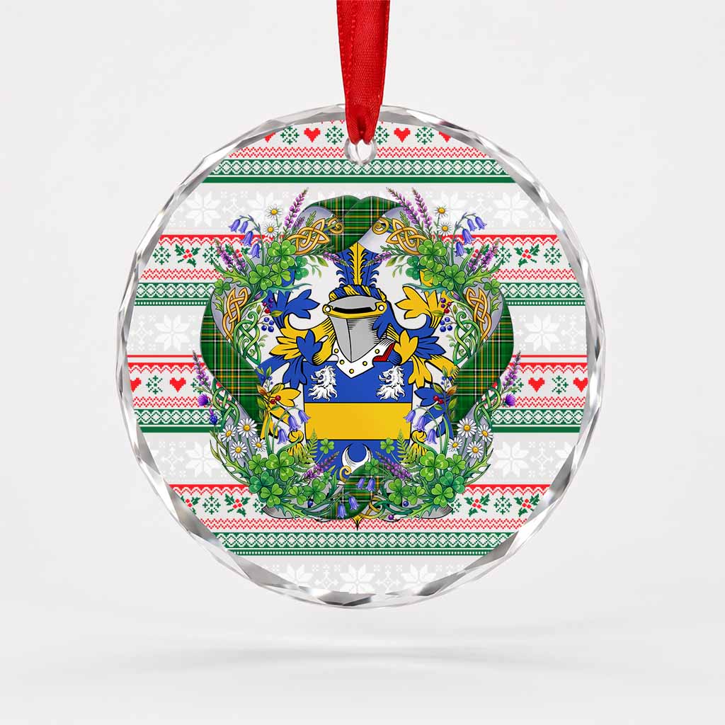 Harnett Irish Tartan Crest Christmas Glass Circle Ornament Shamrock Flowers Wreath