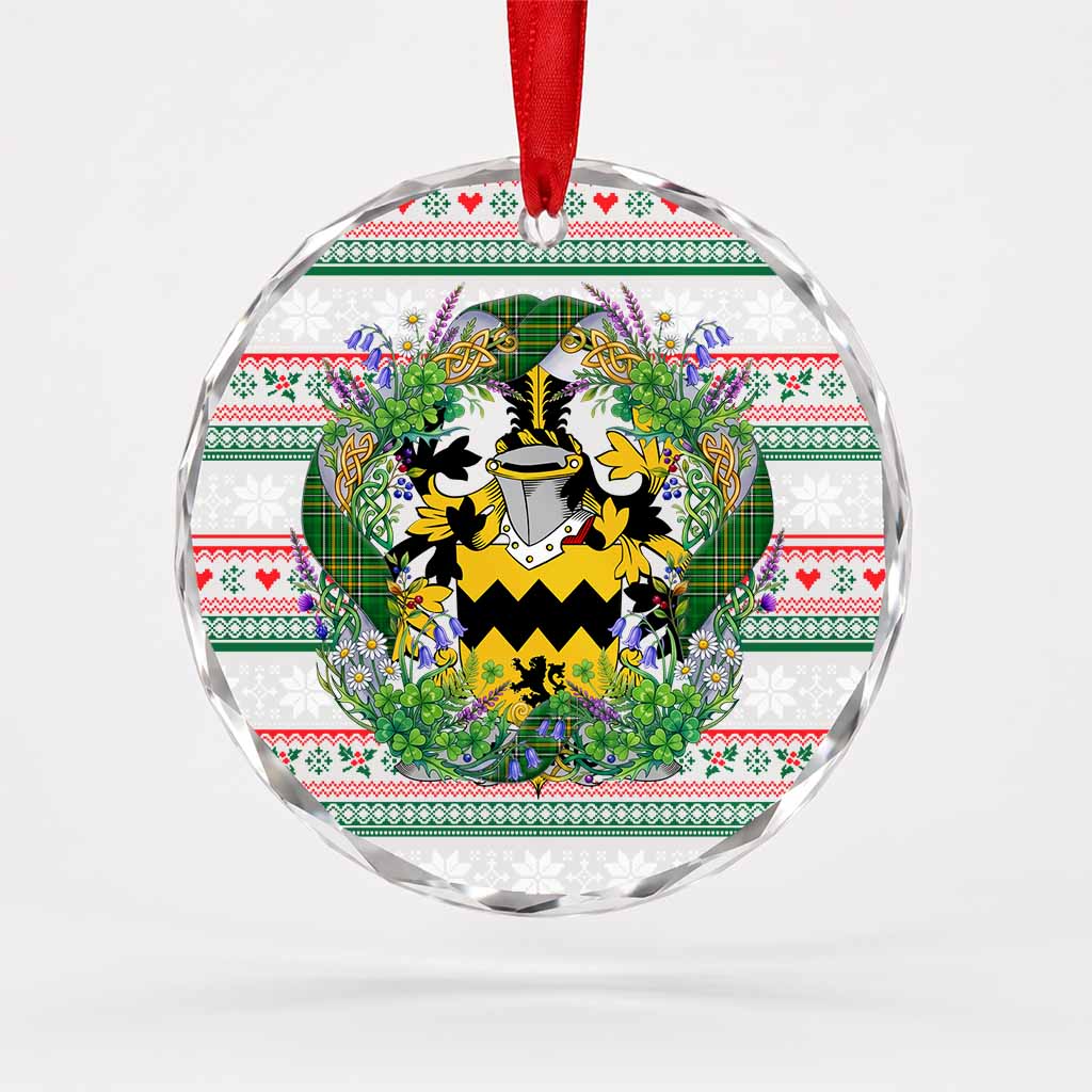 Morris Irish Tartan Crest Christmas Glass Circle Ornament Shamrock Flowers Wreath