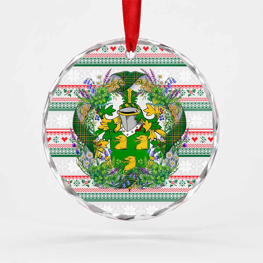McKee Irish Tartan Crest Christmas Glass Circle Ornament Shamrock Flowers Wreath