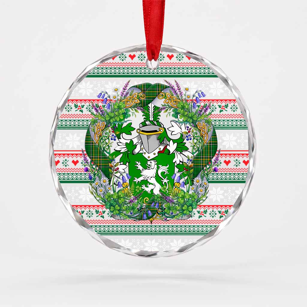 Heaton Irish Tartan Crest Christmas Glass Circle Ornament Shamrock Flowers Wreath