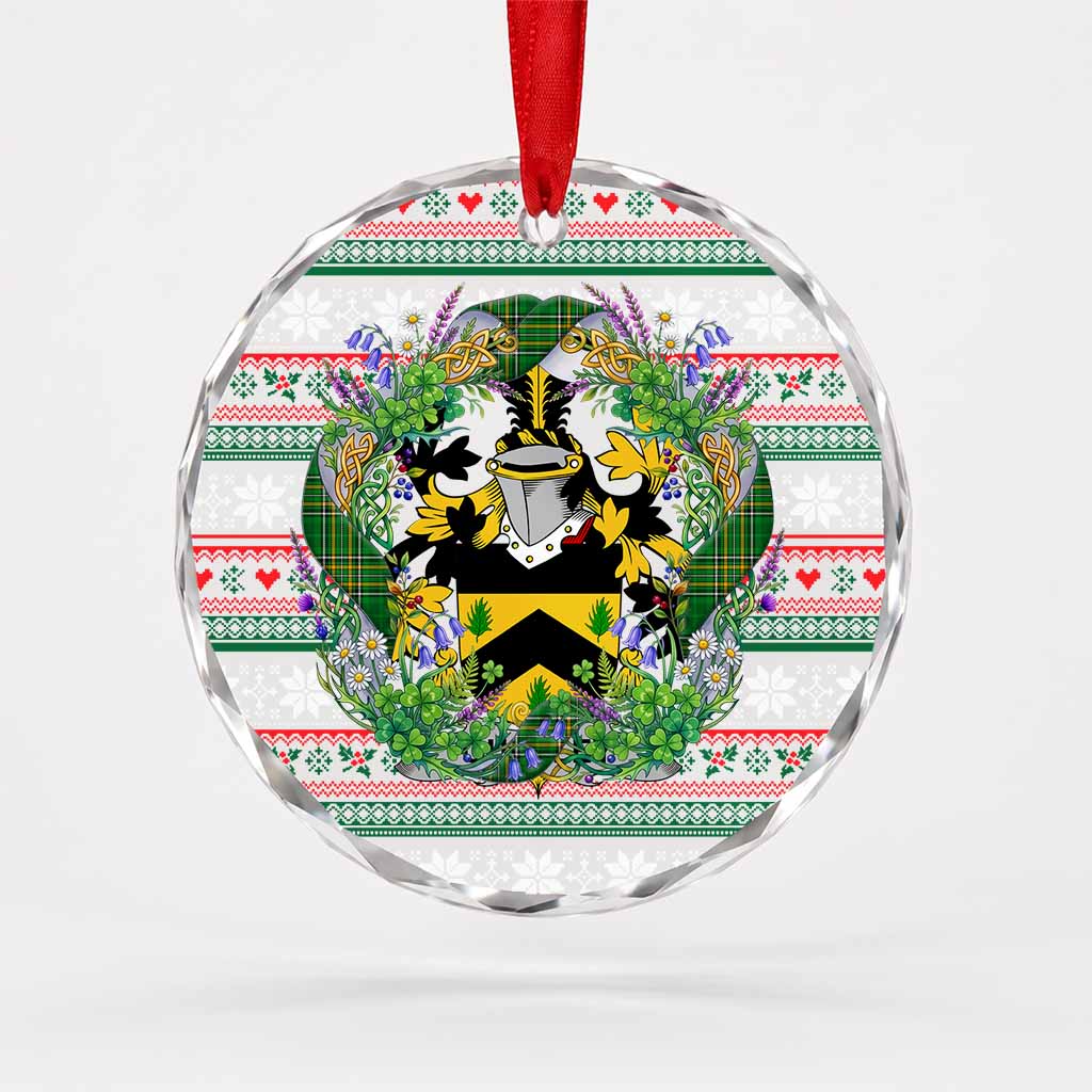 Ouseley Irish Tartan Crest Christmas Glass Circle Ornament Shamrock Flowers Wreath