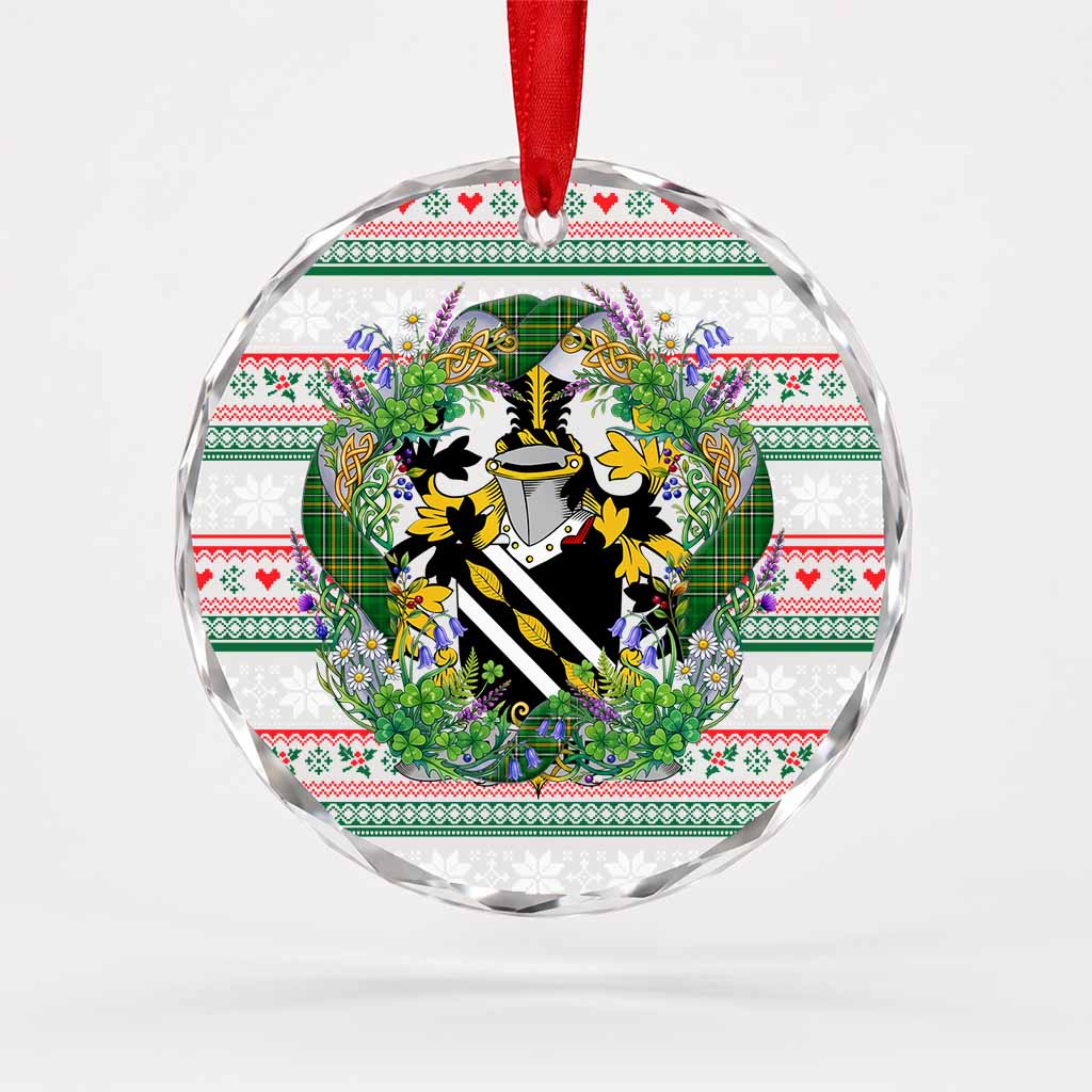 Waller Irish Tartan Crest Christmas Glass Circle Ornament Shamrock Flowers Wreath