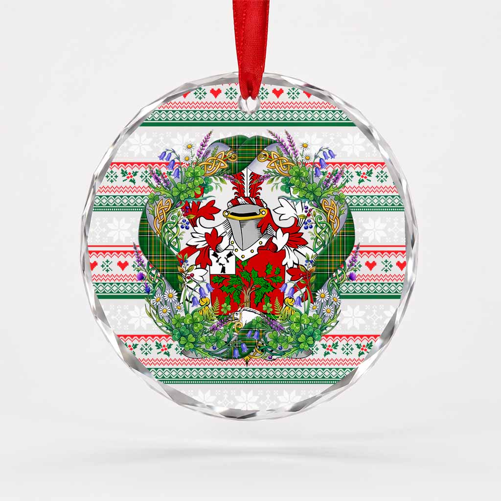 Owens Irish Tartan Crest Christmas Glass Circle Ornament Shamrock Flowers Wreath