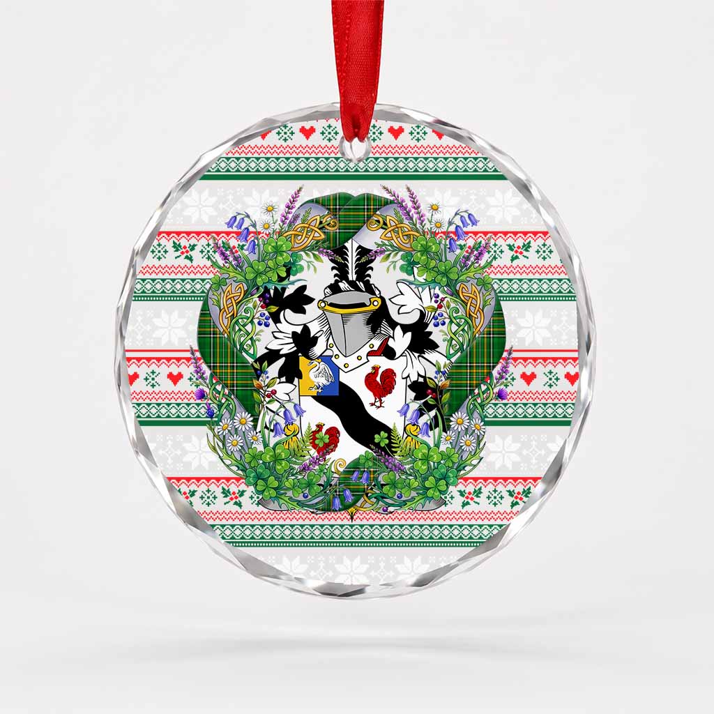 Quicke Irish Tartan Crest Christmas Glass Circle Ornament Shamrock Flowers Wreath