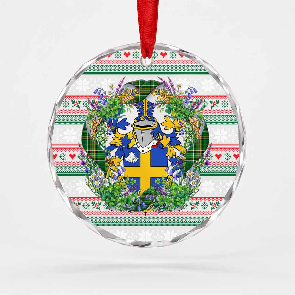 Shelton Irish Tartan Crest Christmas Glass Circle Ornament Shamrock Flowers Wreath