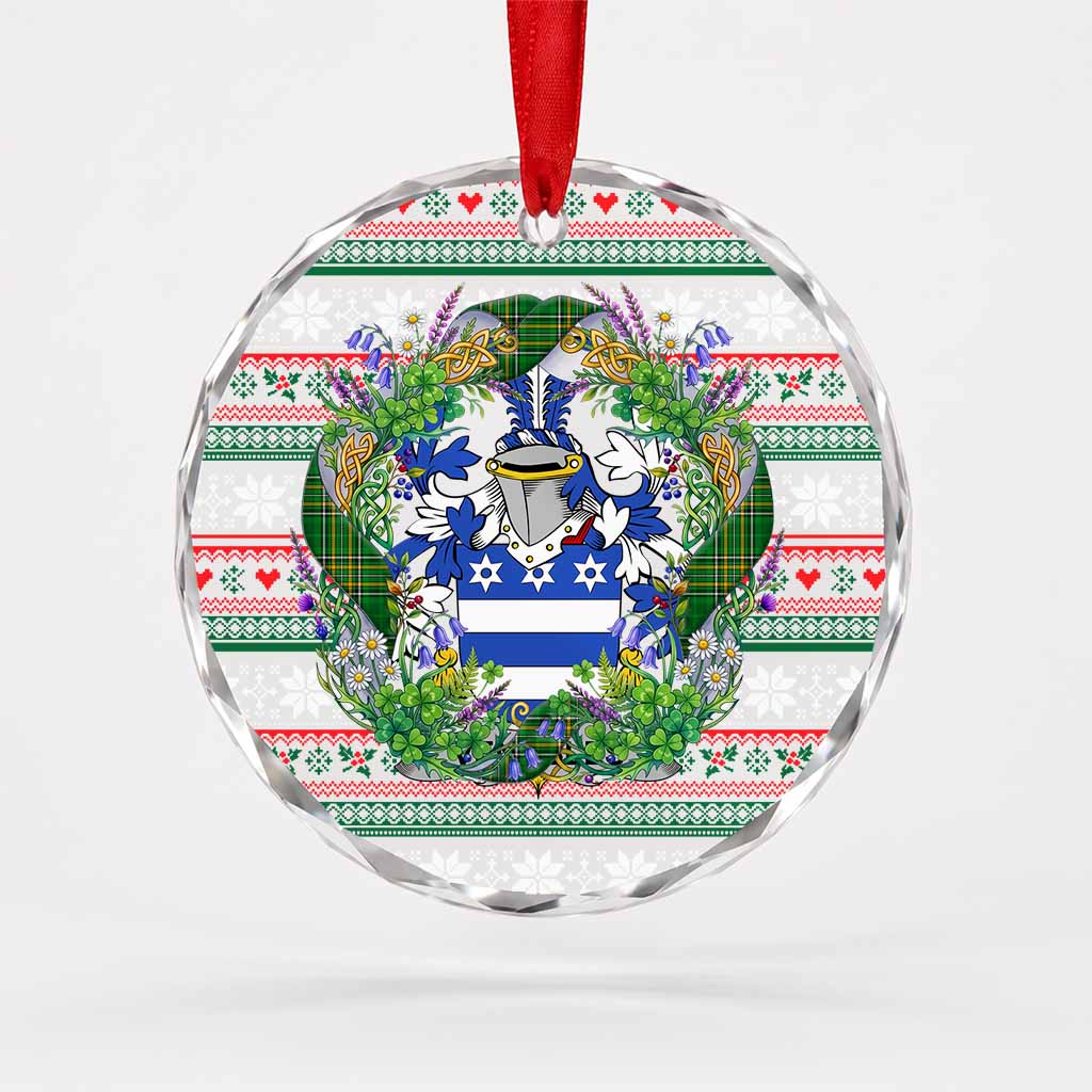Venables Irish Tartan Crest Christmas Glass Circle Ornament Shamrock Flowers Wreath
