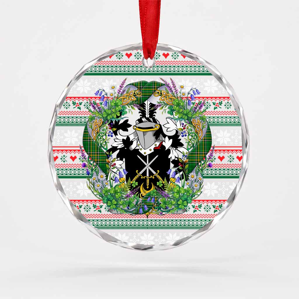 Rawlins Irish Tartan Crest Christmas Glass Circle Ornament Shamrock Flowers Wreath