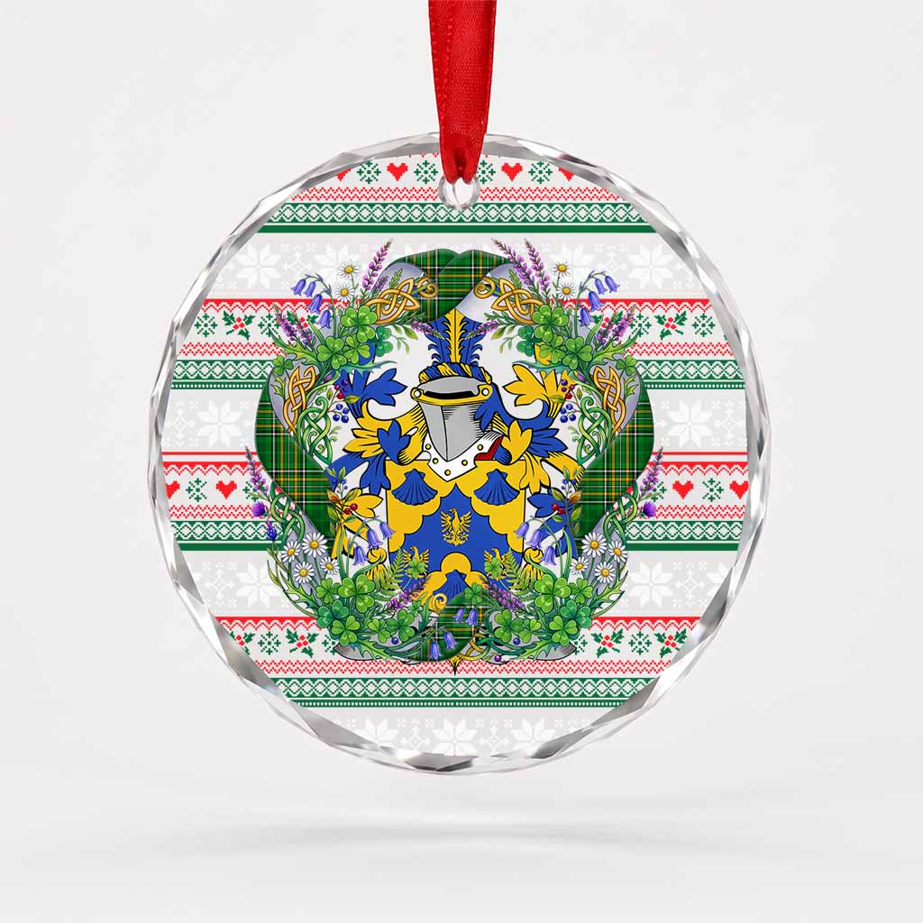 Reeves Irish Tartan Crest Christmas Glass Circle Ornament Shamrock Flowers Wreath