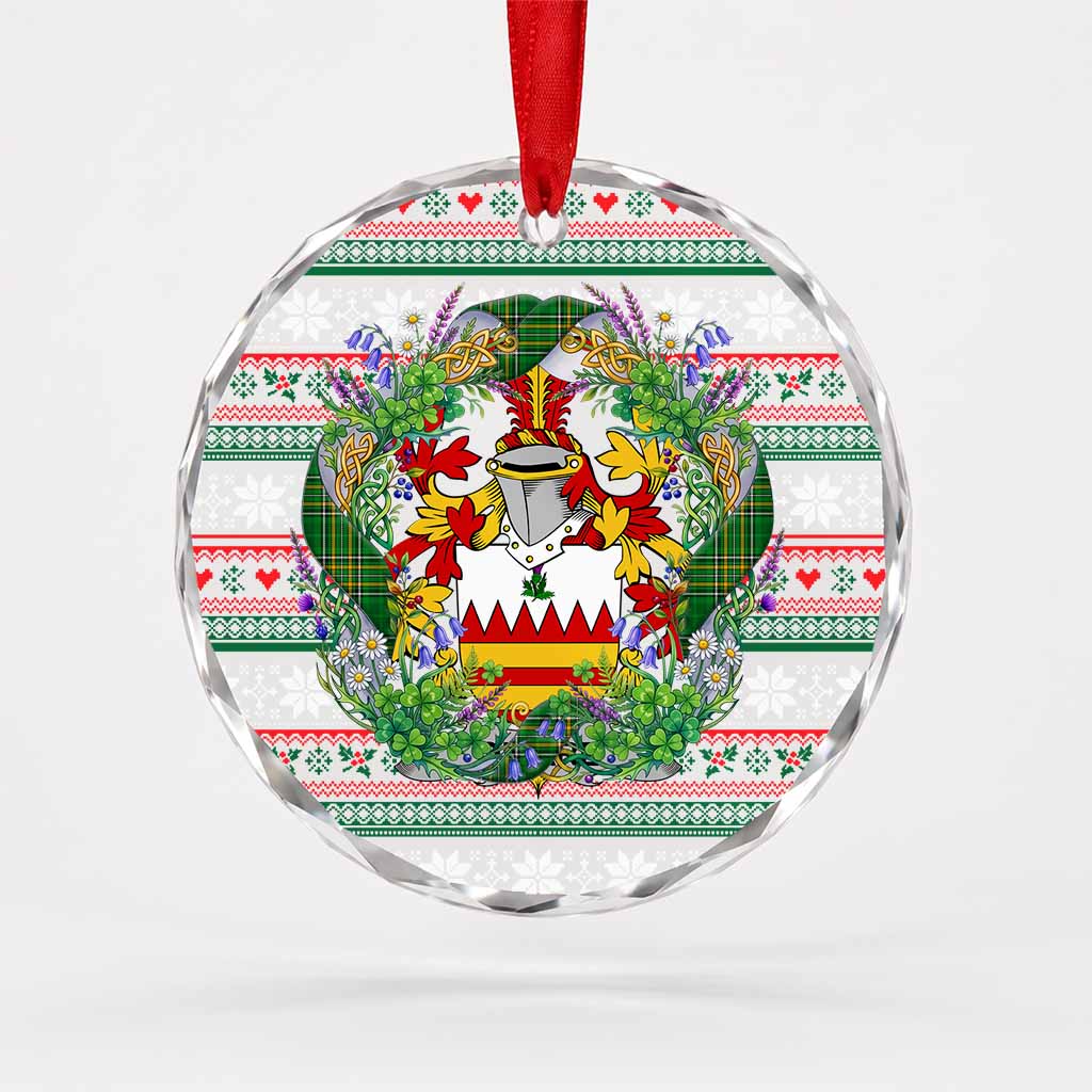 O'Hare Irish Tartan Crest Christmas Glass Circle Ornament Shamrock Flowers Wreath